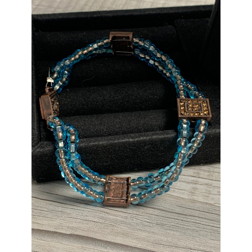 Turquoise Blue Glass Seed Bead Multi Strand Bracelet Copper Rhinestone 7.5"